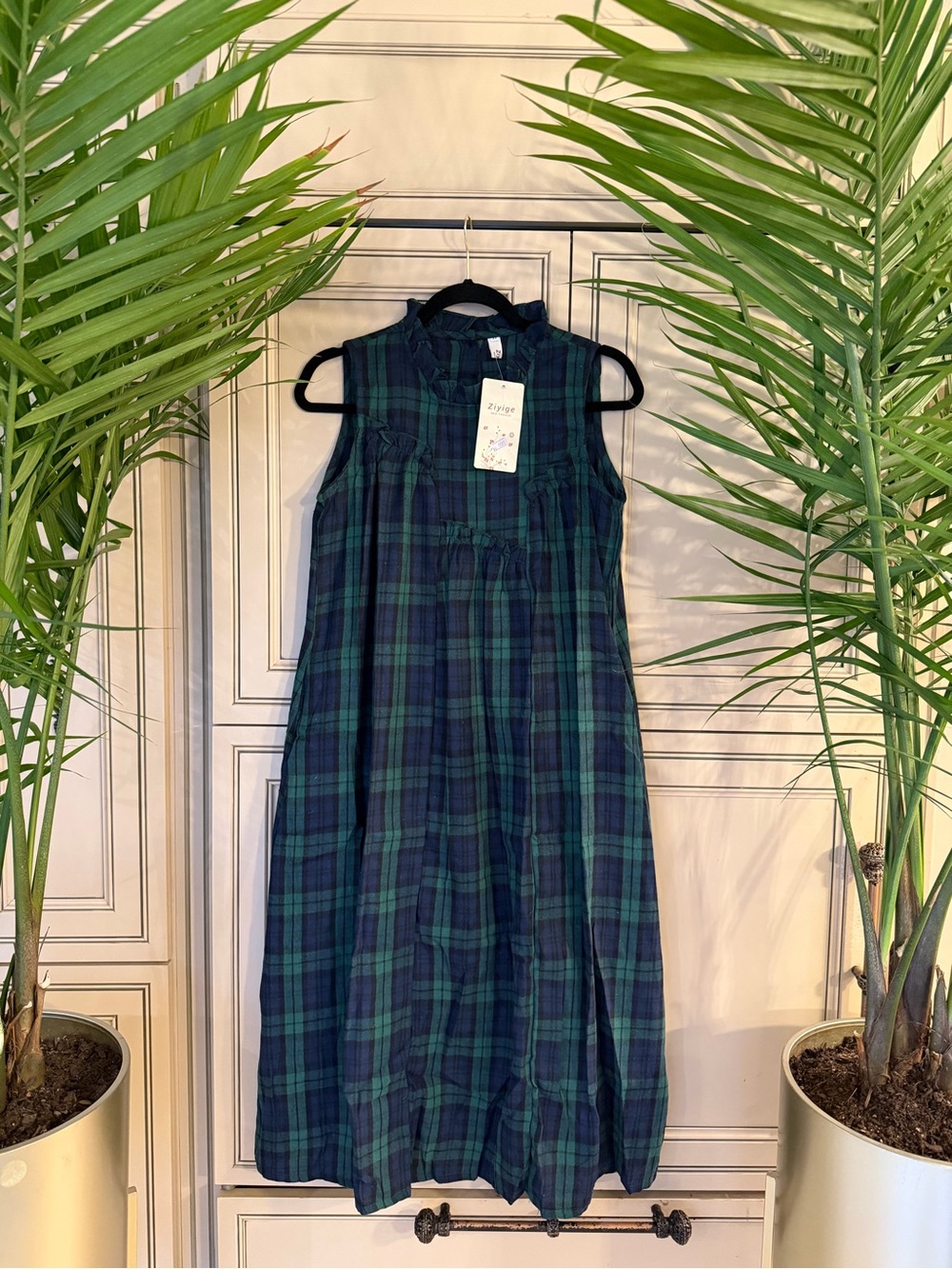 New Western Vibe Sleeveless Lightweight Flannel Green Navy Plaid Midi Maxi Dress